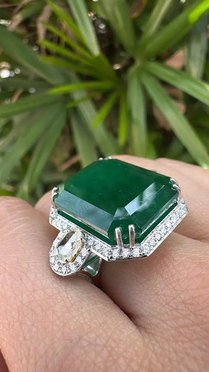 Natural 24.51 Ct. Zambian Emerald Engagement Ring - 18k White Gold Rose Cut Diamond Statement Ring