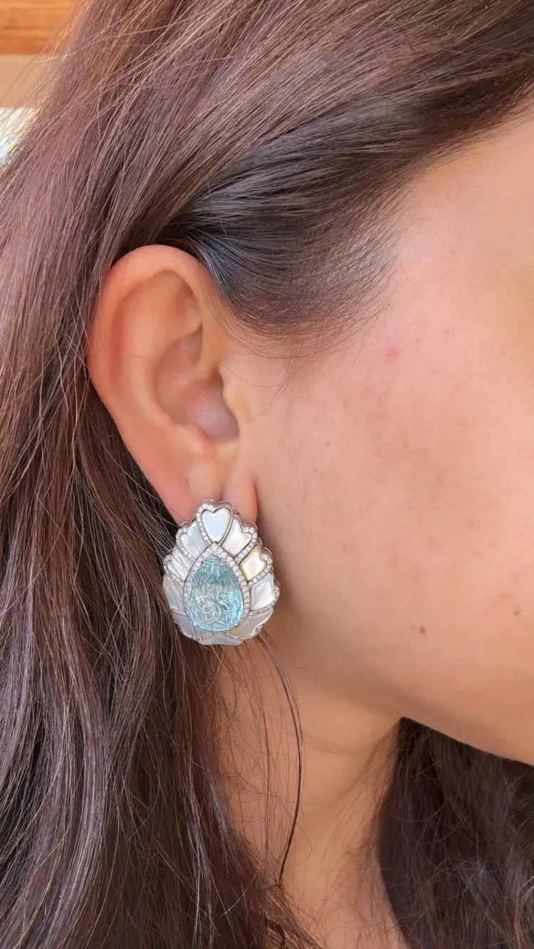 18k White Gold Handmade Diamond Stud Earrings - Pear Shape Carved Aquamarine & Pearl Stud Earrings