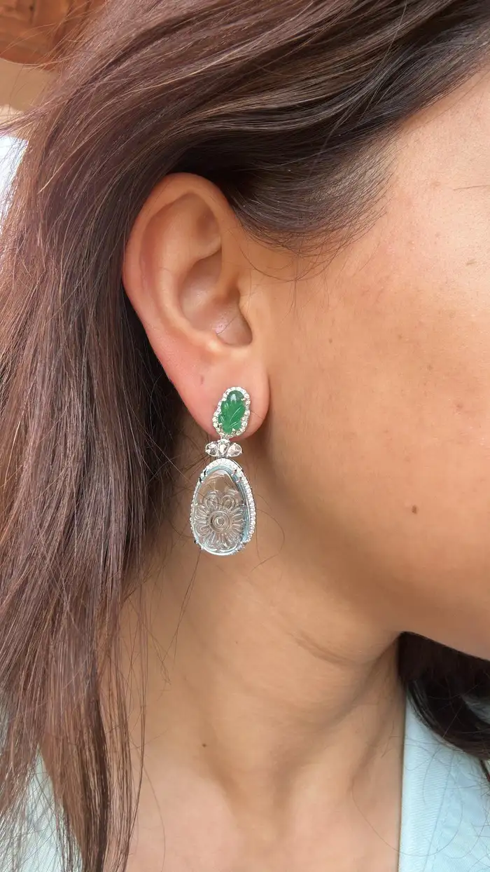Natural Zambian Emerald & Aquamarine Gemstone Dangle Earrings - 18k White Gold Rose Cut Diamond Earrings