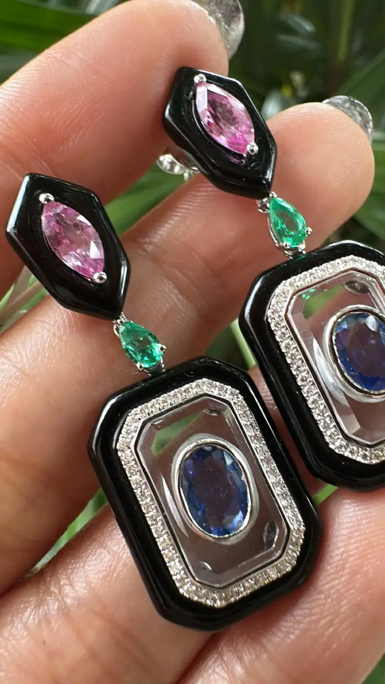 18k White Gold Diamond Dangle Earrings - Natural Emerald, Sapphire, Black Onyx & Crystal Earrings