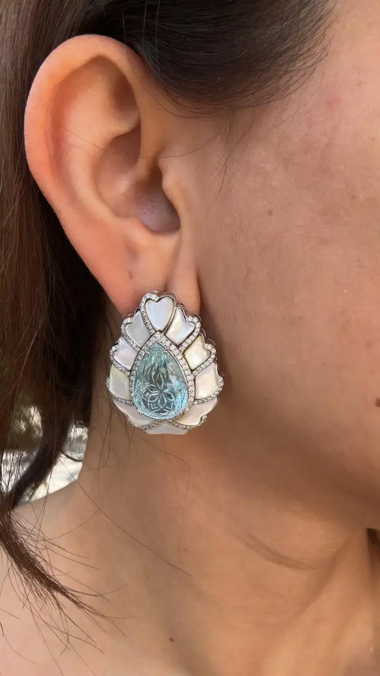 18k White Gold Handmade Diamond Stud Earrings - Pear Shape Carved Aquamarine & Pearl Stud Earrings