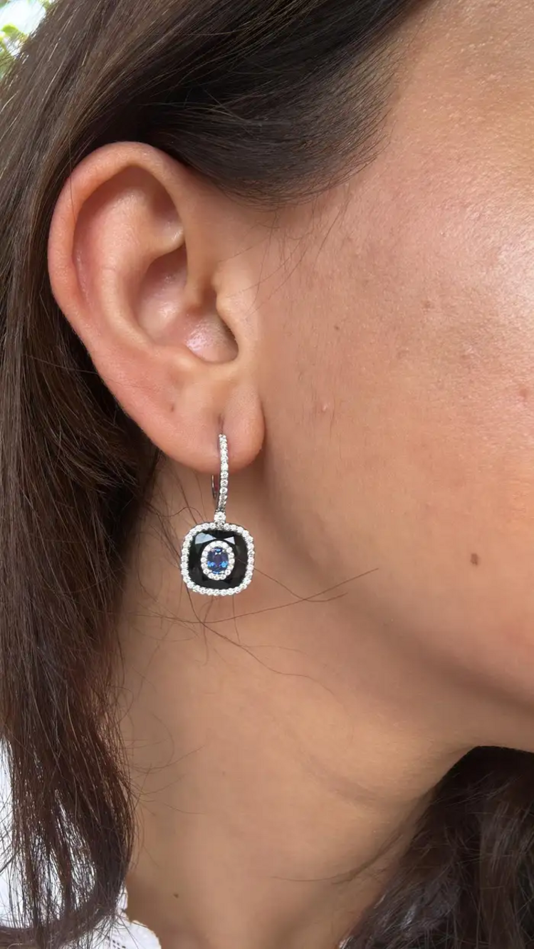 Natural Blue Sapphire & Black Onyx Earrings - 18k White Gold Diamond Earrings