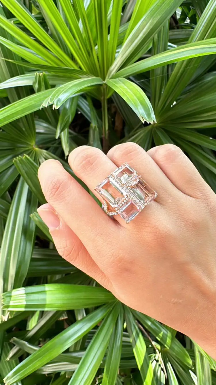 Natural Morganite Gemstone Cocktail Ring - 18k Rose Gold Diamond Ring