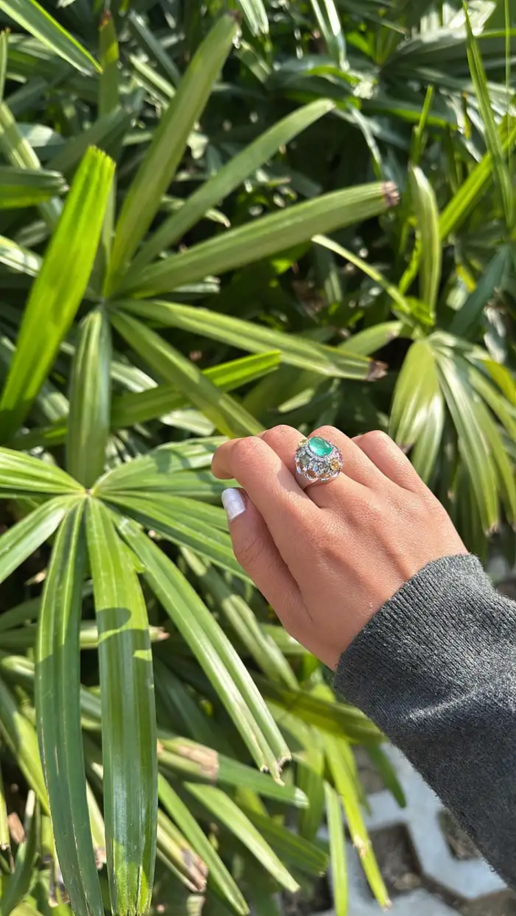 18k White Gold Handmade Diamond Ring - Natural Multi Sapphire, Colombian Emerald Dome Ring