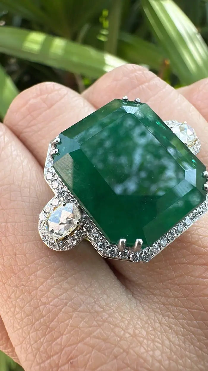 Natural 24.51 Ct. Zambian Emerald Engagement Ring - 18k White Gold Rose Cut Diamond Statement Ring