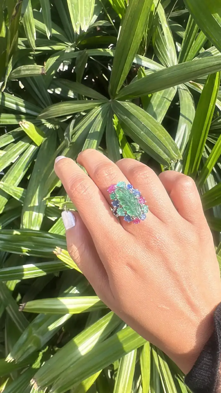 18k White Gold Handmade Cocktail Ring - Natural Emerald, Blue Sapphires, Ruby & Diamonds Cocktail Ring