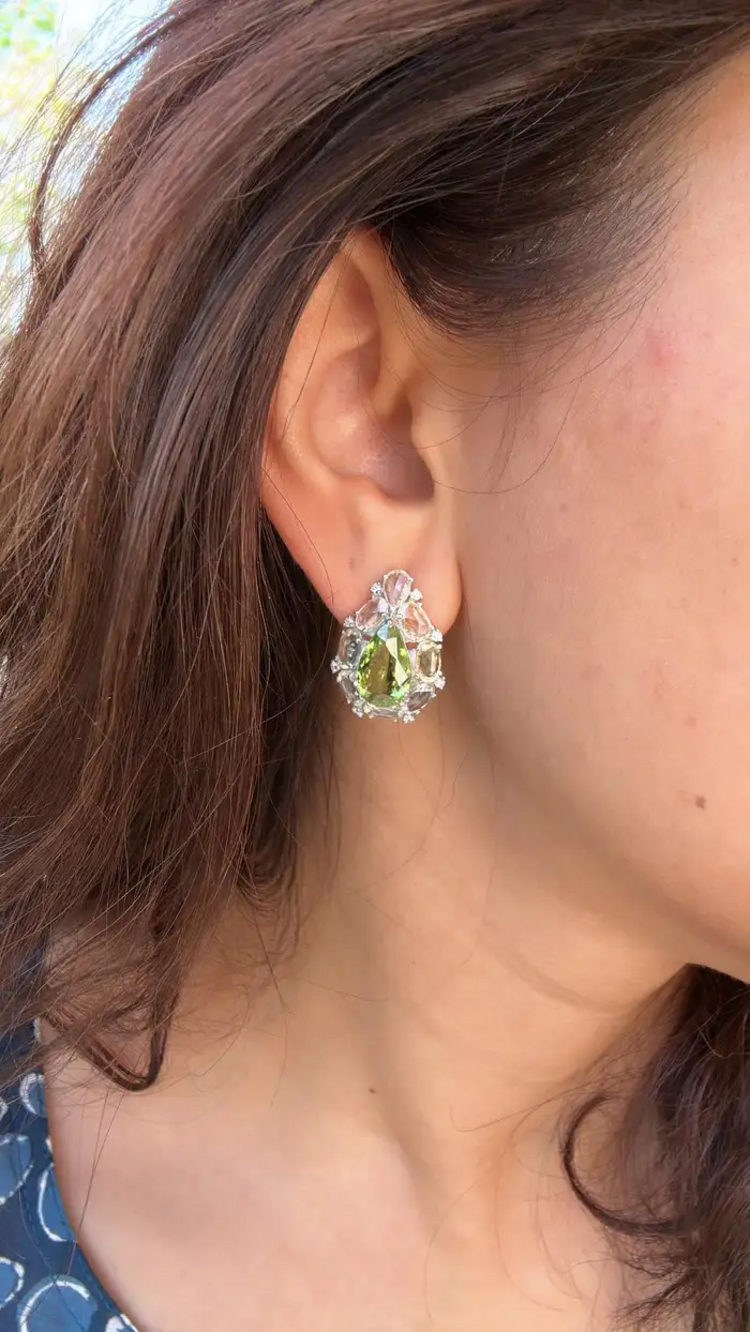 Natural Pear Shape Tourmaline & White Sapphire Stud Earrings - 18k White Gold Diamond Earrings