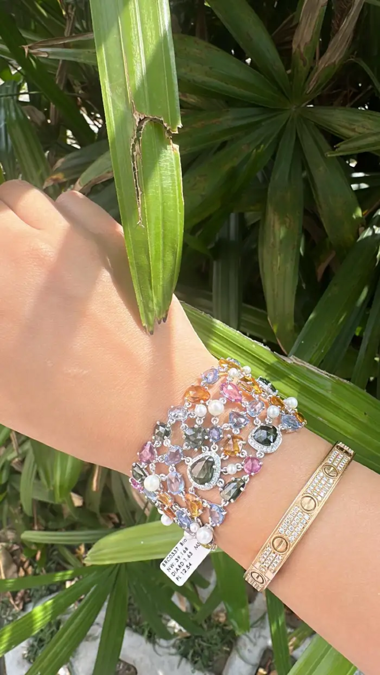 Natural Multi Sapphire & Pearls Link Bracelet - 18k White Gold Diamond Bracelet