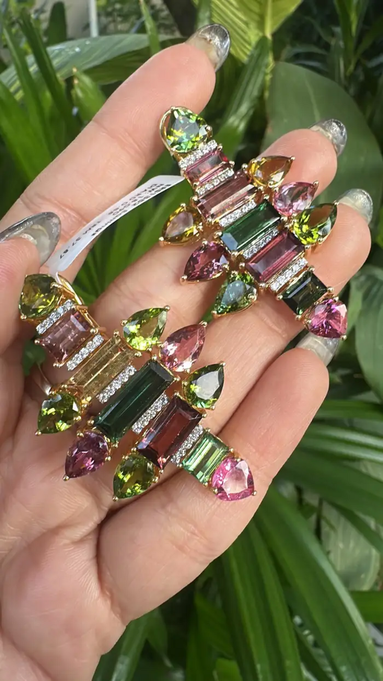 18k Yellow Gold Diamond Earrings - Natural Tourmaline Gemstone Chandelier Earrings