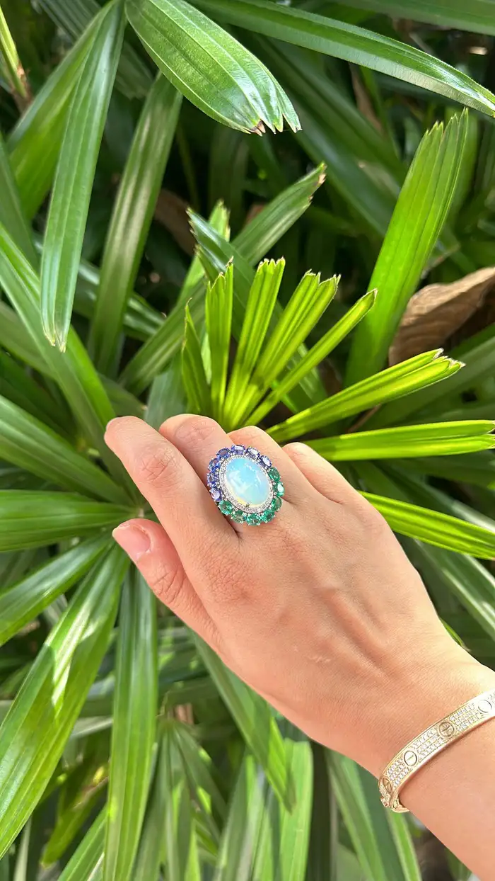 Gold Diamond Ring | 18k White Gold Zambian Emerald Ring | Tanzanite & Ethiopian Opal Cocktail Ring | Handmade Gold Diamond Ring