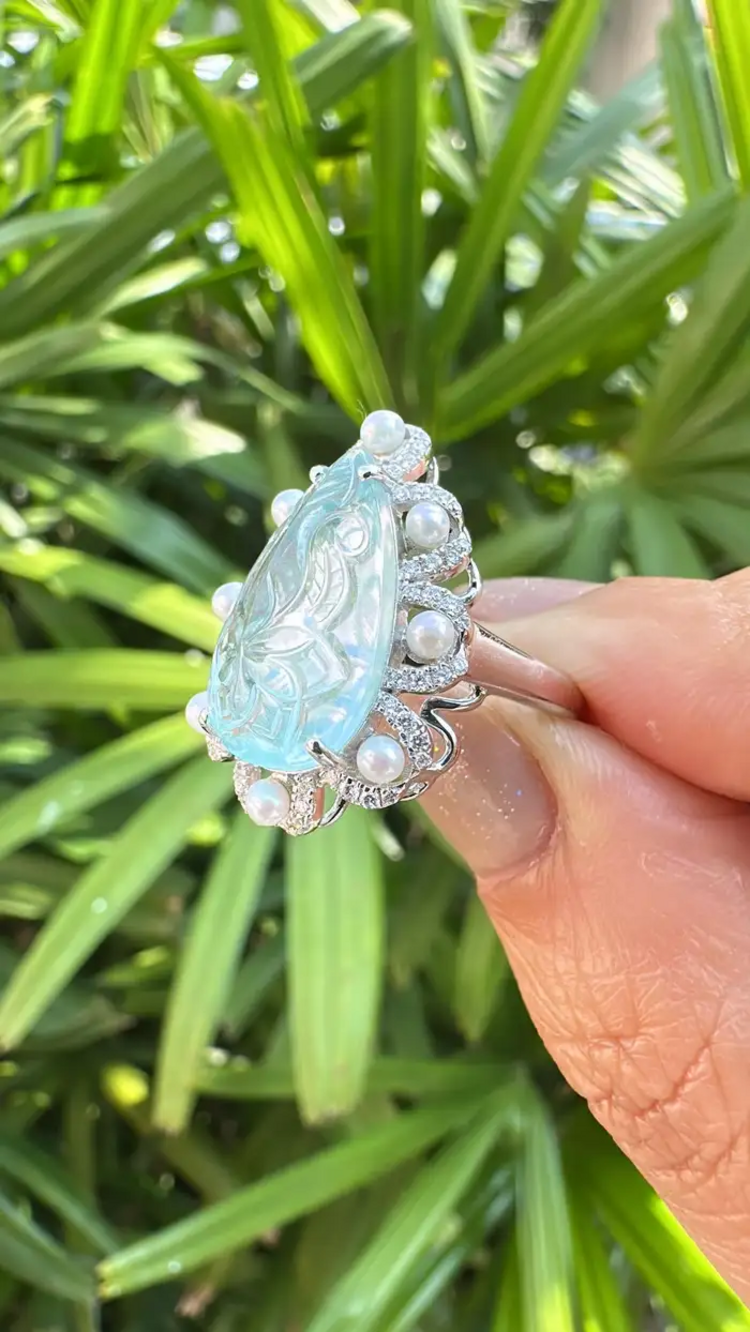 6.28 Ct. Carved Aquamarine & Fresh Water Pearl Engagement Ring - 18k White Gold Diamond Handmade Ring