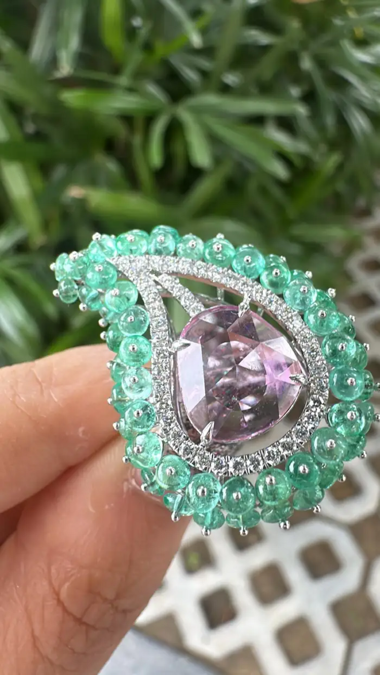 Natural Emerald & Pink Sapphire Statement Ring - 18k White Gold Diamond Handmade Ring