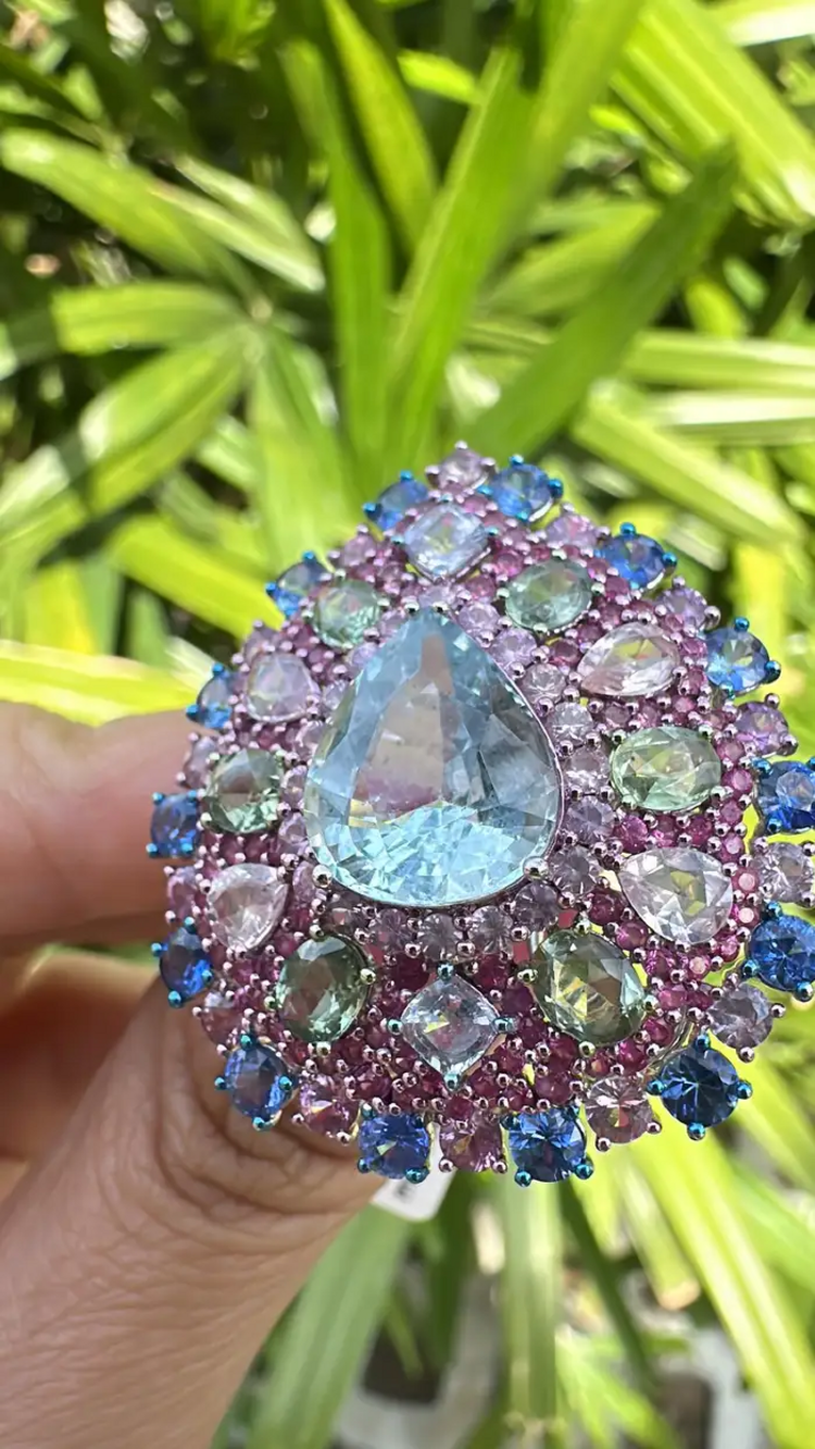 Natural Aquamarine & Multi Sapphire Gemstone Statement Ring - 18k White Gold Diamond Wedding Ring