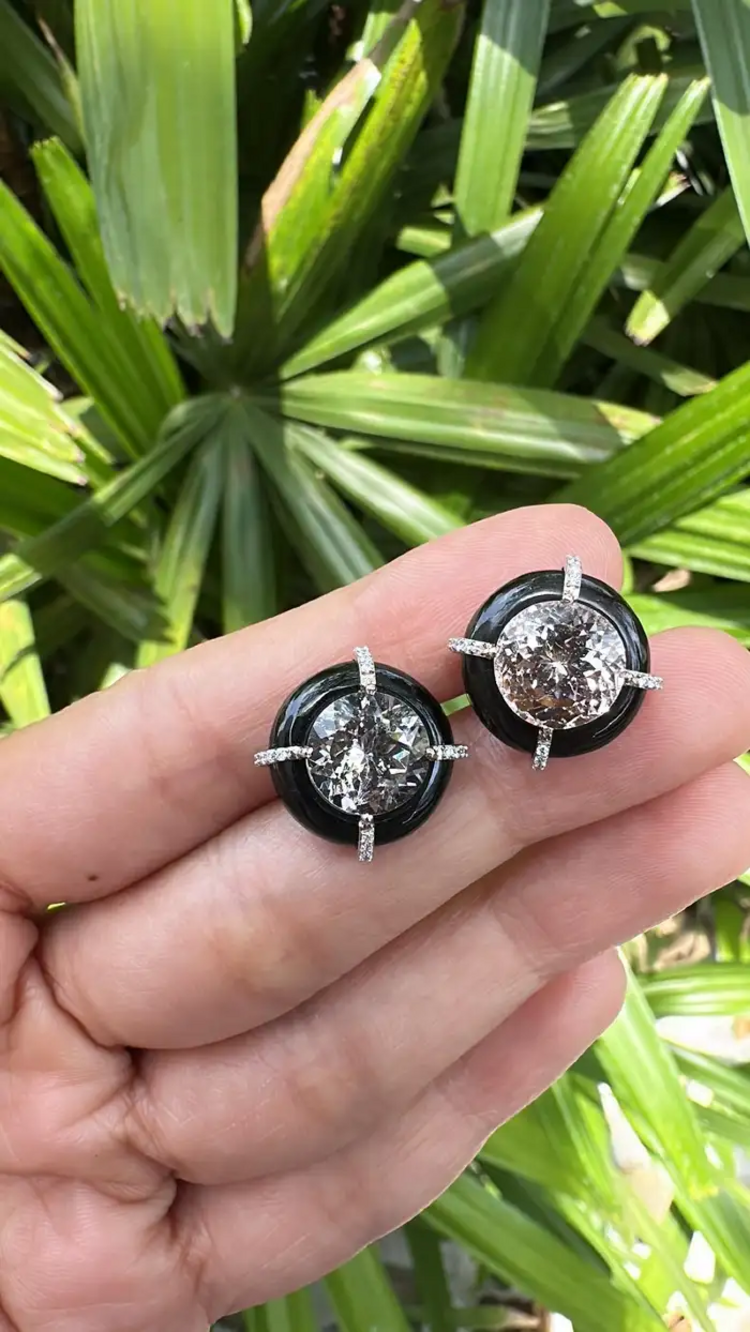 Natural Morganite & Black Onyx Stud Earrings - 18k Gold Diamond Round Tiny Stud Earrings