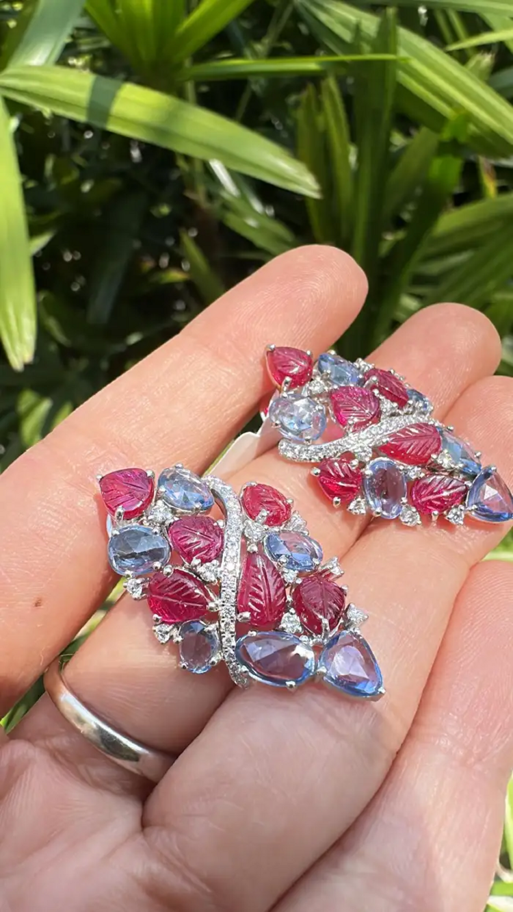 Natural Blue Sapphire & Diamond Earrings - 18k White Gold Carved Ruby Women Earrings