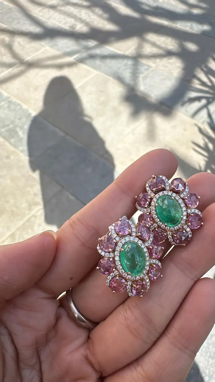 Natural Colombian Emerald & Pink Sapphire Stud Earrings - 18k Rose Gold Diamond Earrings