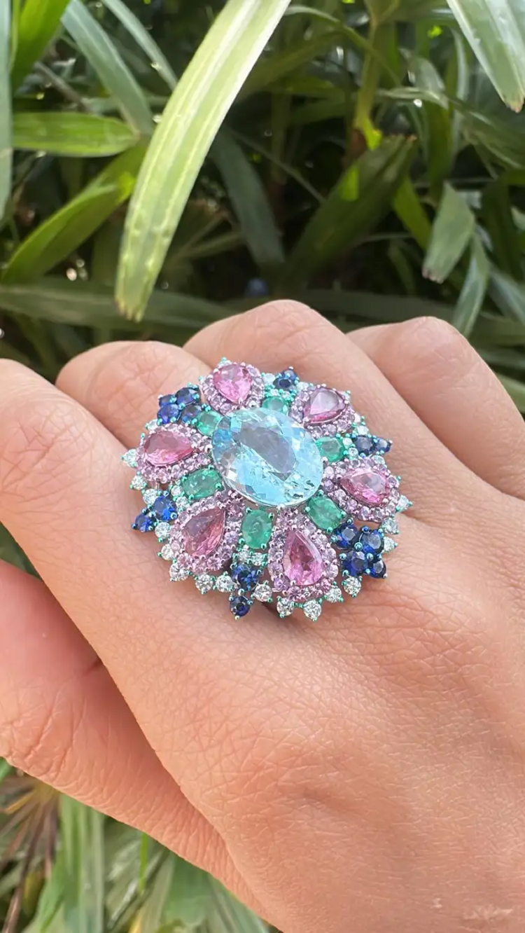 Natural Aquamarine, Sapphires & Emerald Statement Ring - 18k White Gold Diamond Wedding Ring