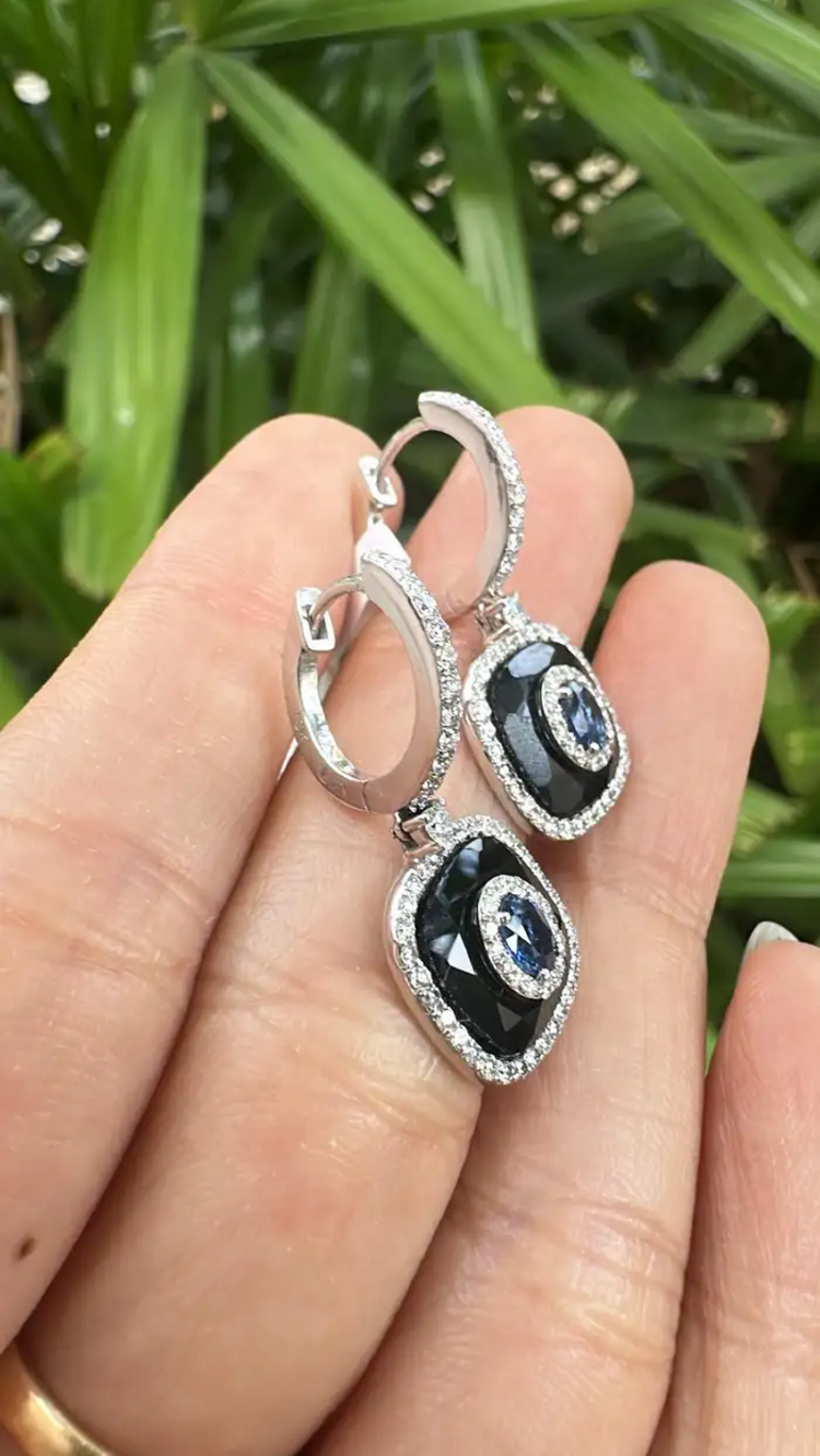 Natural Blue Sapphire & Black Onyx Earrings - 18k White Gold Diamond Earrings