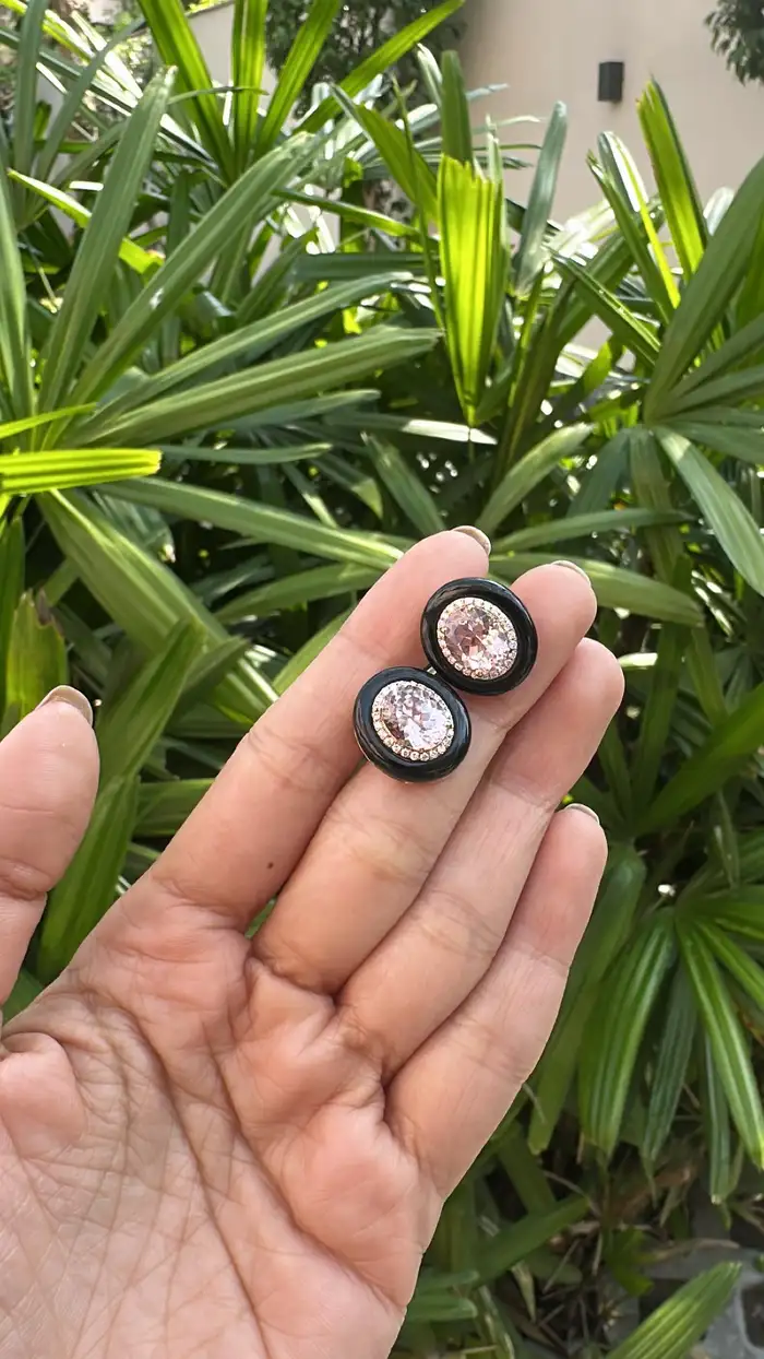 18k Rose Gold Diamond & Morganite Gemstone Stud Earrings - Black Onyx Earrings