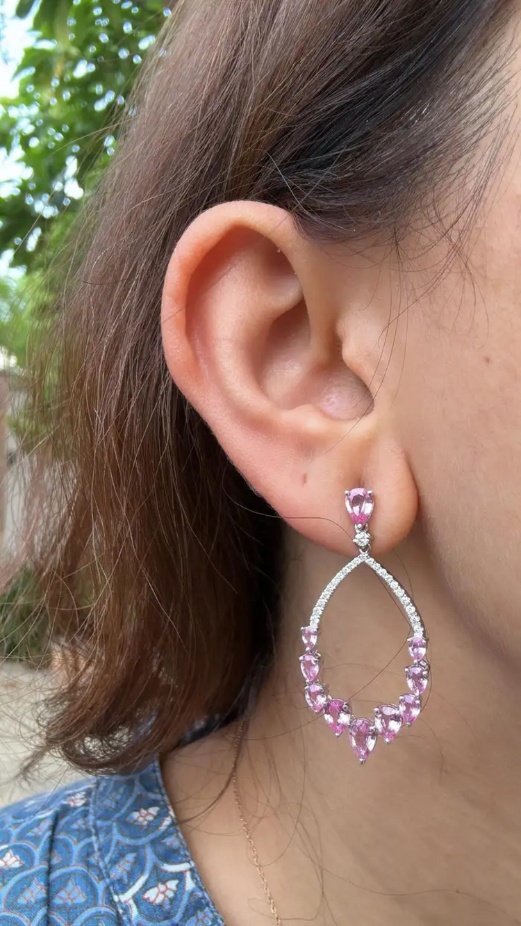 Natural Pink Sapphire Dangle Earrings - 18k White Gold Handmade Diamond Women Earrings