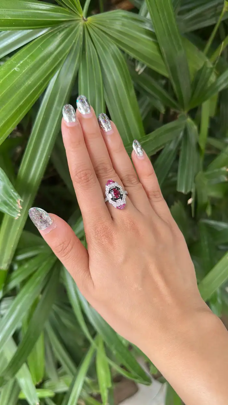 18k White Gold Diamond Ring - Natural Tourmaline & Black Enamel Ring
