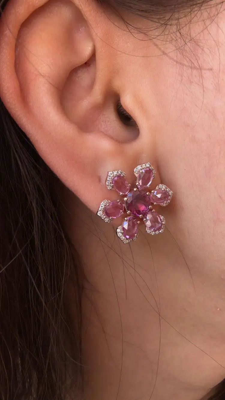 Natural Ceylon Pink Sapphires & Tourmaline Gemstone Floral Stud Earrings - 18k Rose Gold Diamond Earrings