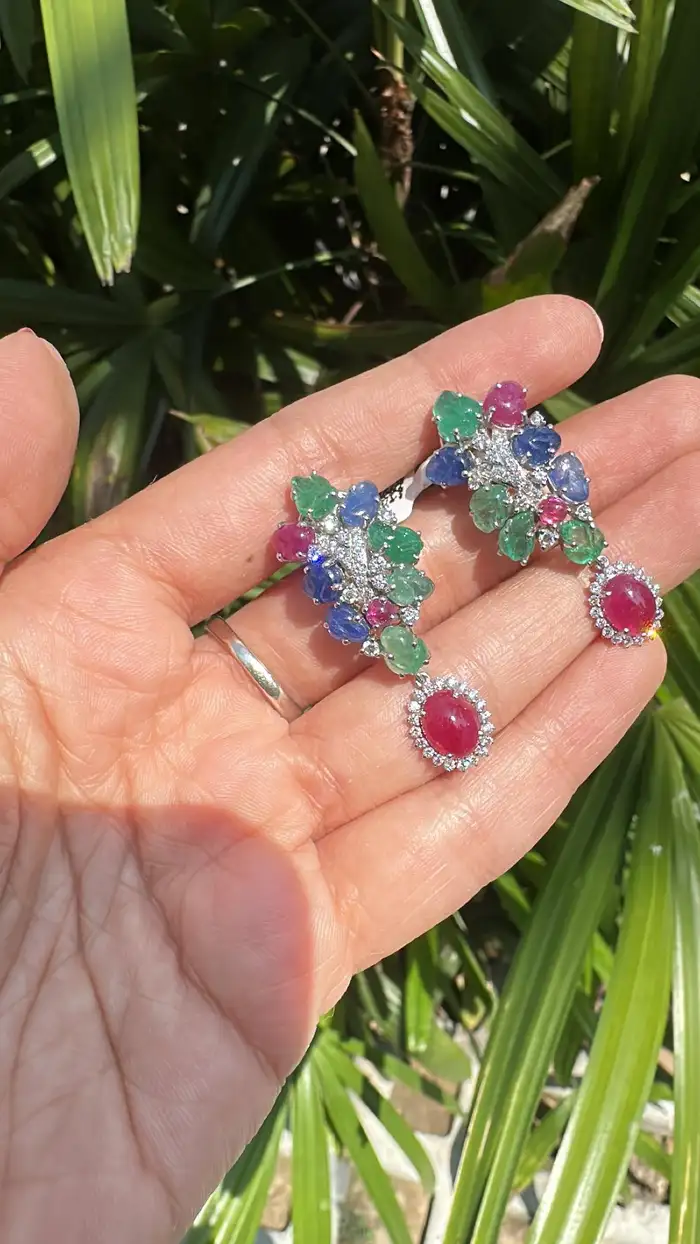 Natural Mozambique Ruby, Zambian Emerald & Blue Sapphire Dangle Earrings - 18k White Gold Diamond Chandelier Earrings