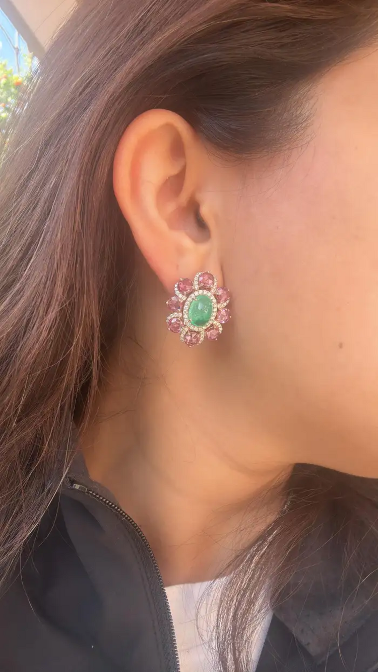 Natural Colombian Emerald & Pink Sapphire Stud Earrings - 18k Rose Gold Diamond Earrings