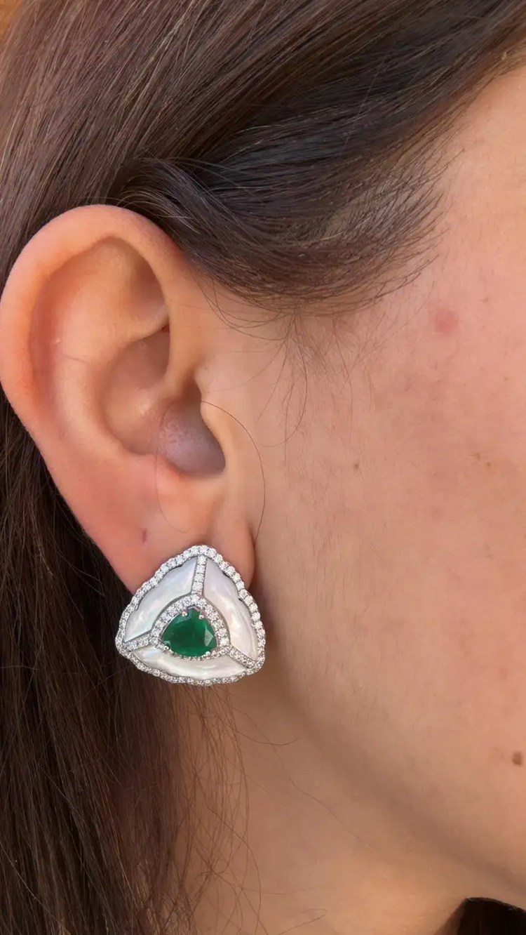 18k White Gold Handmade Diamond Stud Earrings - Natural Zambian Emerald, Mozambique Ruby & Pearl Stud Earrings