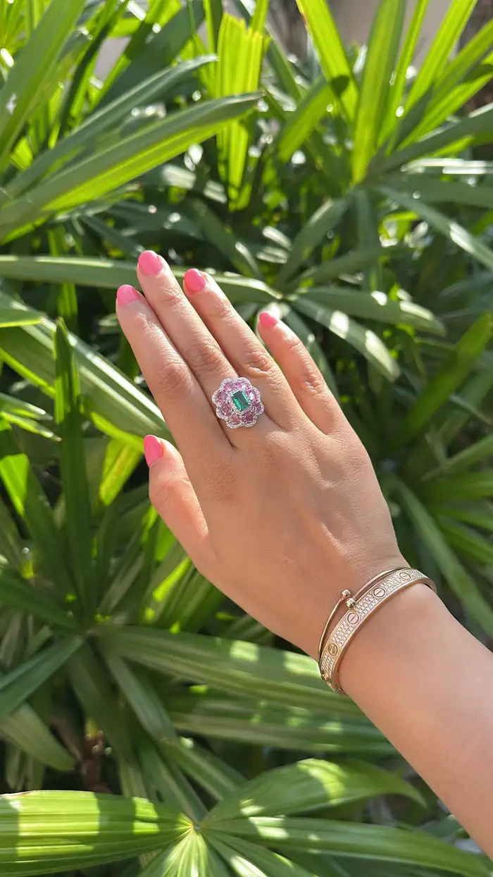 18k White Gold Tapered Baguette Diamonds Engagement Ring - Natural Pear Shape Zambian Emerald Wedding Ring