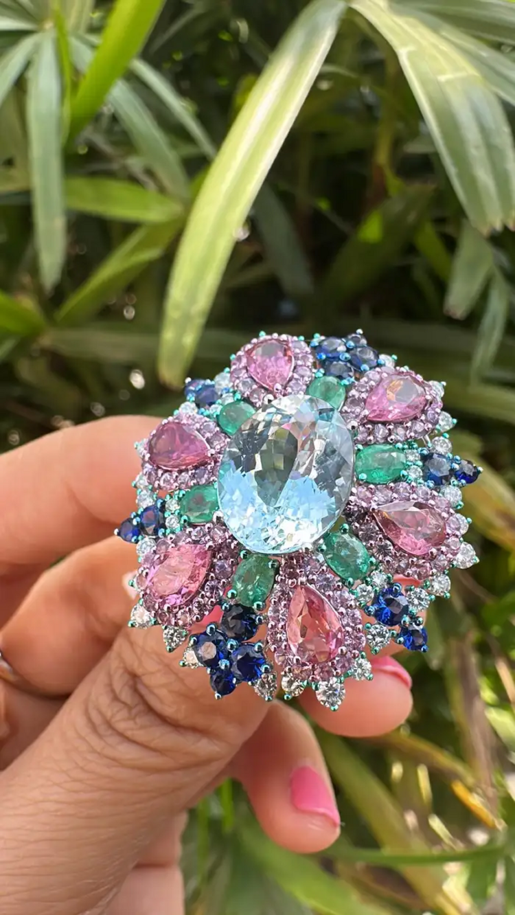 Natural Aquamarine, Sapphires & Emerald Statement Ring - 18k White Gold Diamond Wedding Ring
