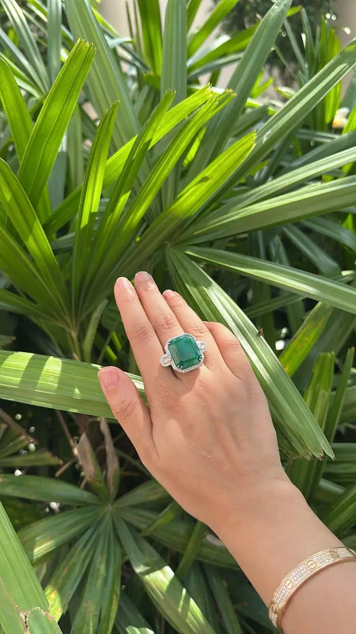 Natural 24.51 Ct. Zambian Emerald Engagement Ring - 18k White Gold Rose Cut Diamond Statement Ring