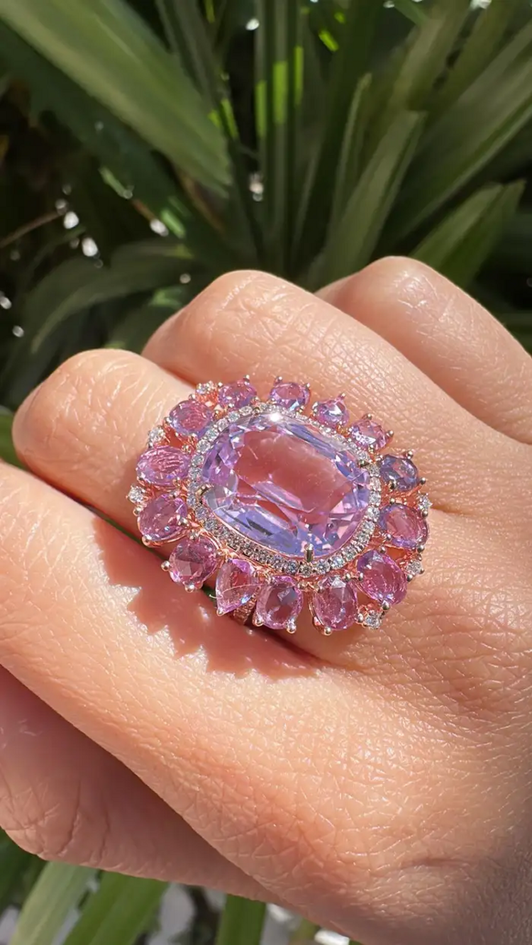 Natural Kunzite & Pink Sapphire Cocktail Wedding Ring - 18k Rose Gold Diamond Statement Ring
