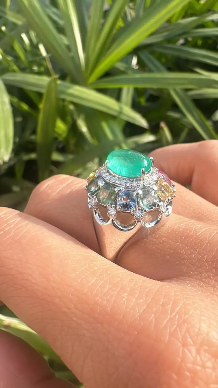 18k White Gold Handmade Diamond Ring - Natural Multi Sapphire, Colombian Emerald Dome Ring