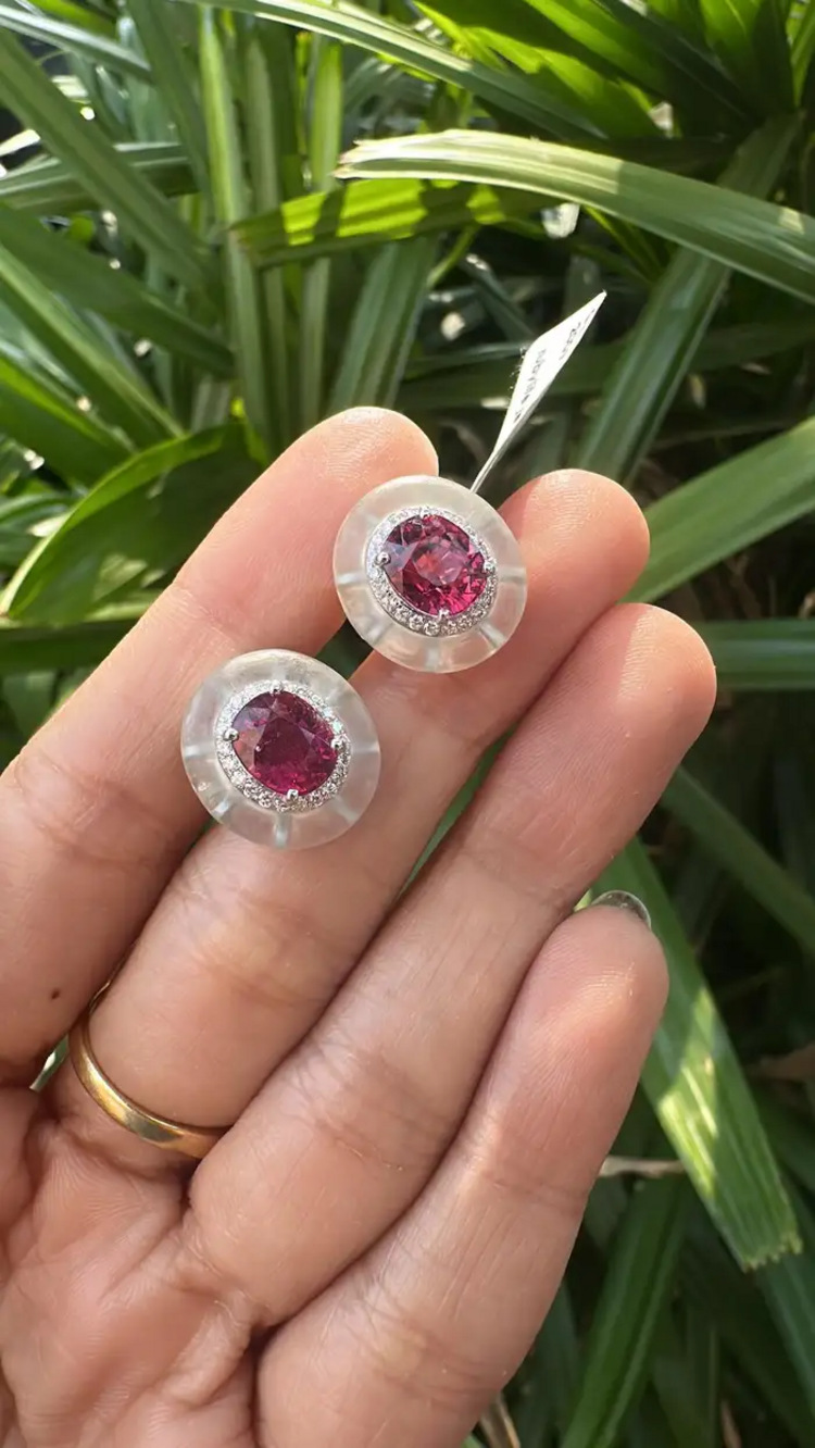 18k White Gold Diamond Stud Earrings - Natural Rubellite & Rock Crystal Earrings