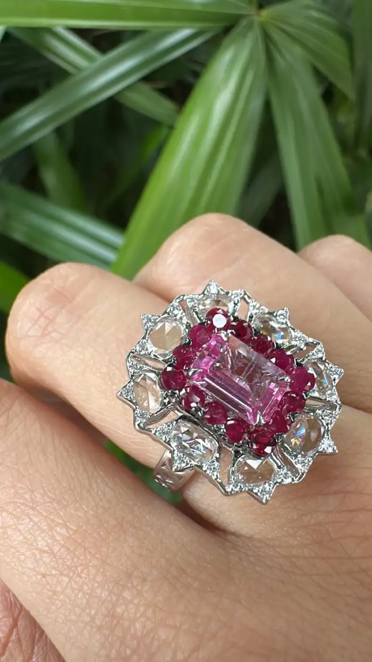 18k White Gold Rose Cut Diamond Cocktail Ring - Natural Ruby & Pink Sapphire Wedding Ring
