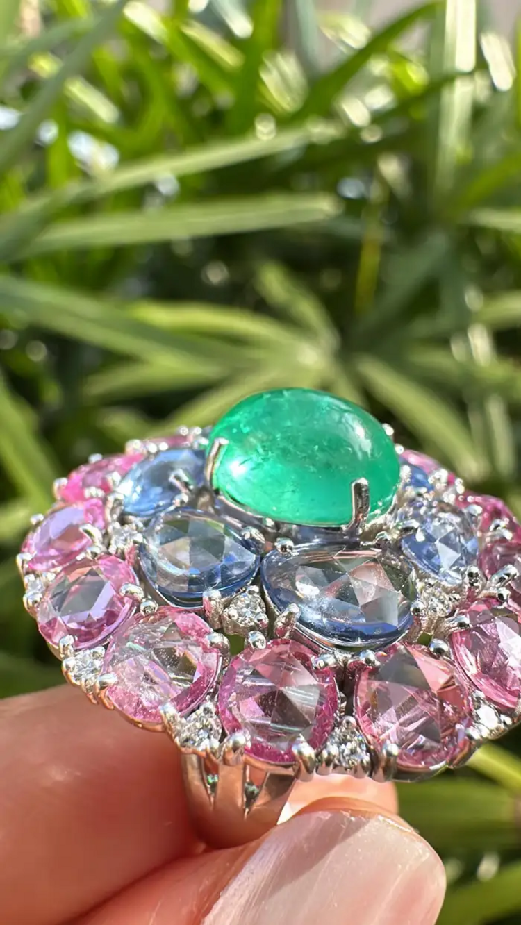 Colombian Emerald & Diamond Cocktail Ring - 18k White Gold Pink & Blue Sapphire Statement Ring