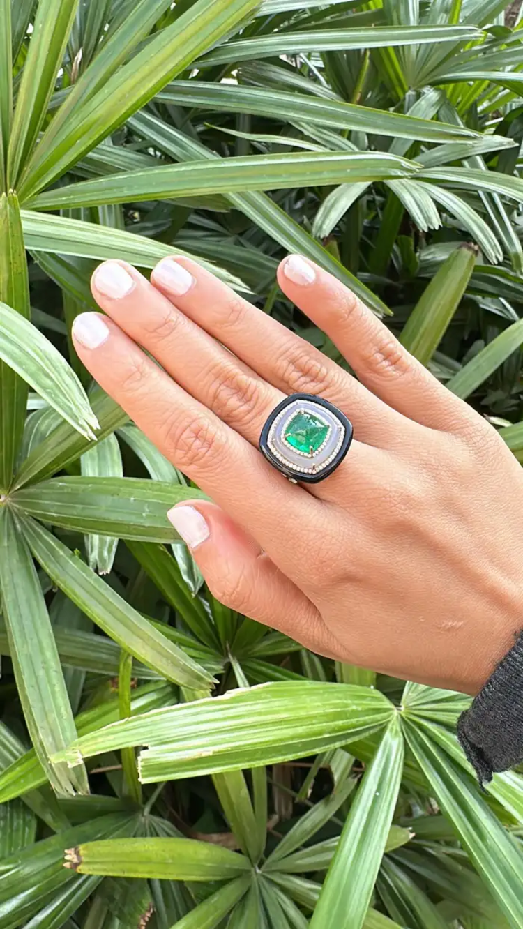 18K Yellow Gold Emerald Ring with Chalcedony, Black Onyx & Diamond Accents – Luxury Statement Jewelry