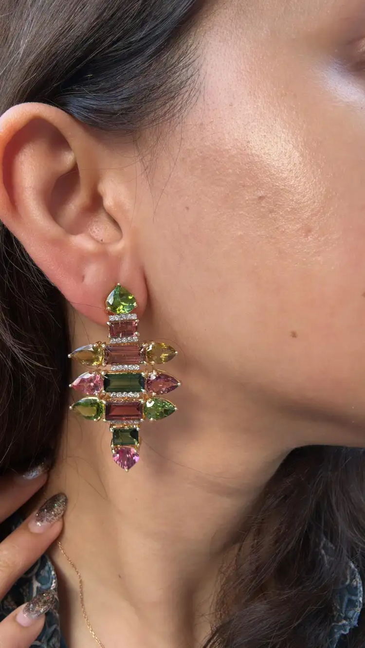18k Yellow Gold Diamond Earrings - Natural Tourmaline Gemstone Chandelier Earrings