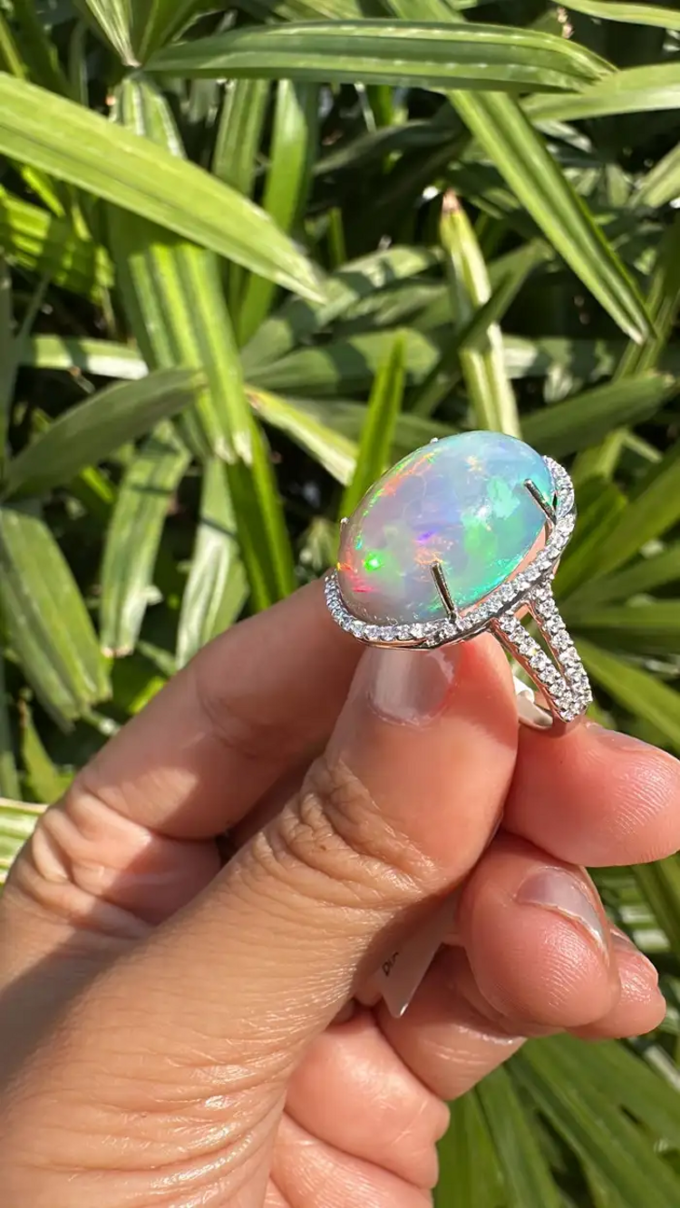 18k White Gold Diamond Statement Ring - Natural 16.23 Ct. Ethiopian Opal Women Ring