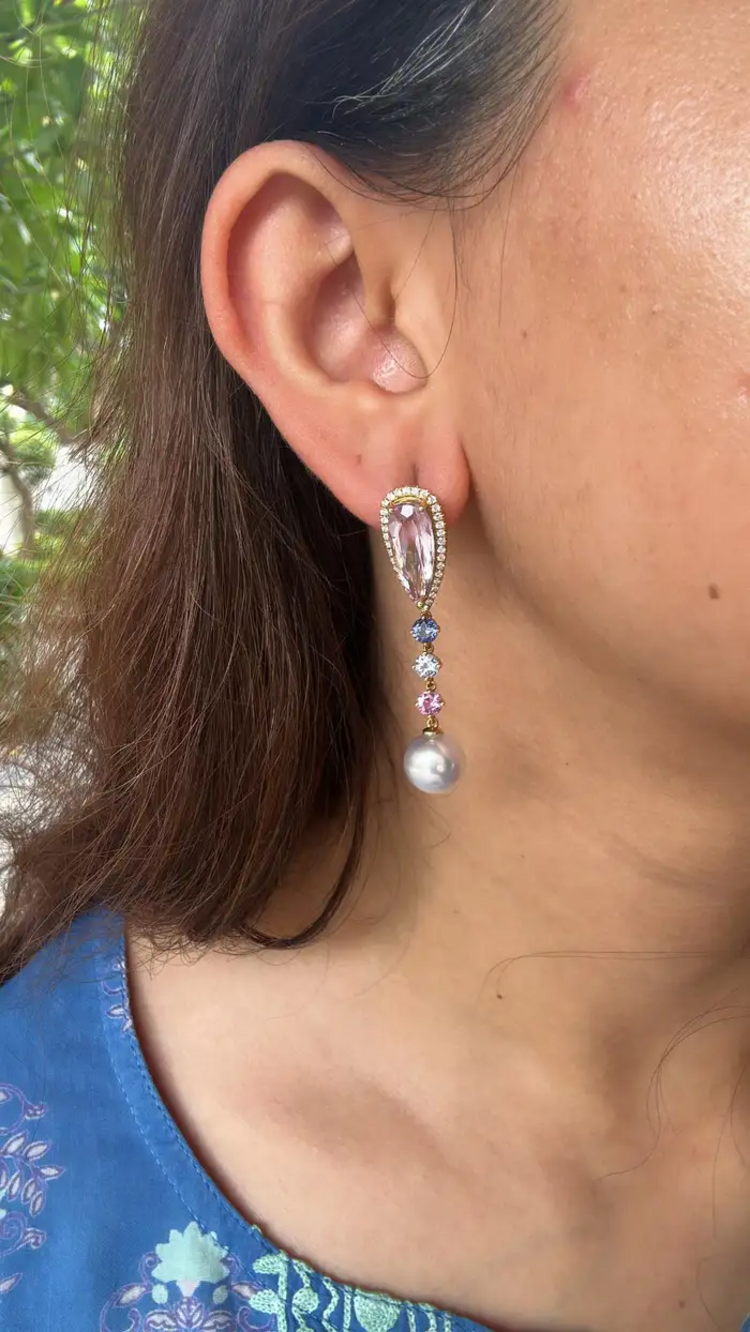 14.32 carat, Kunzite, Multi Sapphire, South Sea Pearl & Diamonds Dangle Earrings