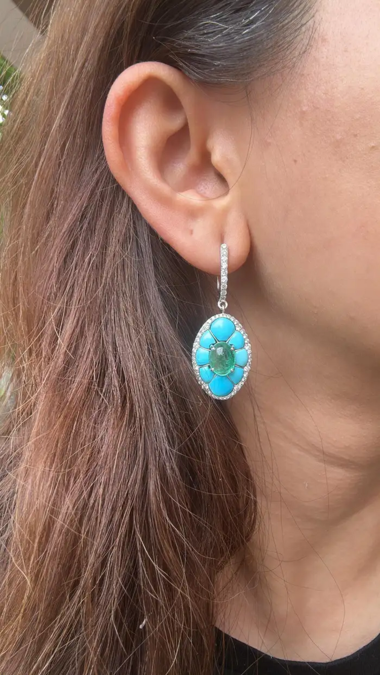 18k White Gold Diamond Dangle Earrings - Natural Emerald & Turquoise Gemstone Earrings