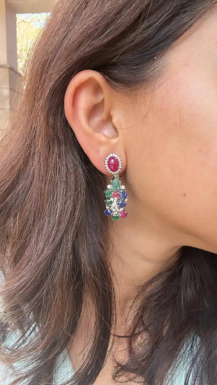 18k White Gold Diamond Dangle Earrings - Natural Ruby, Carved Emerald & Blue Sapphire Earrings