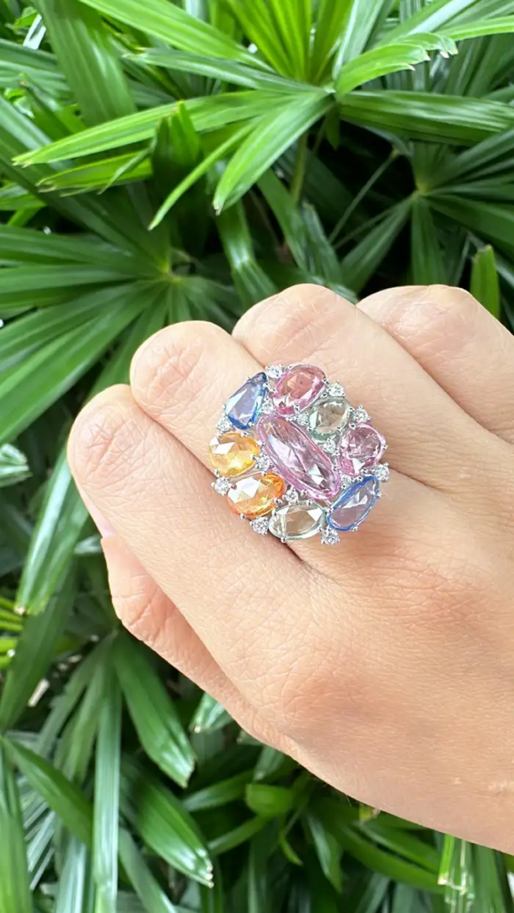 Multi Sapphire Gold Ring - 18k White Gold Handmade Cocktail Ring - Women Gold Diamond Ring