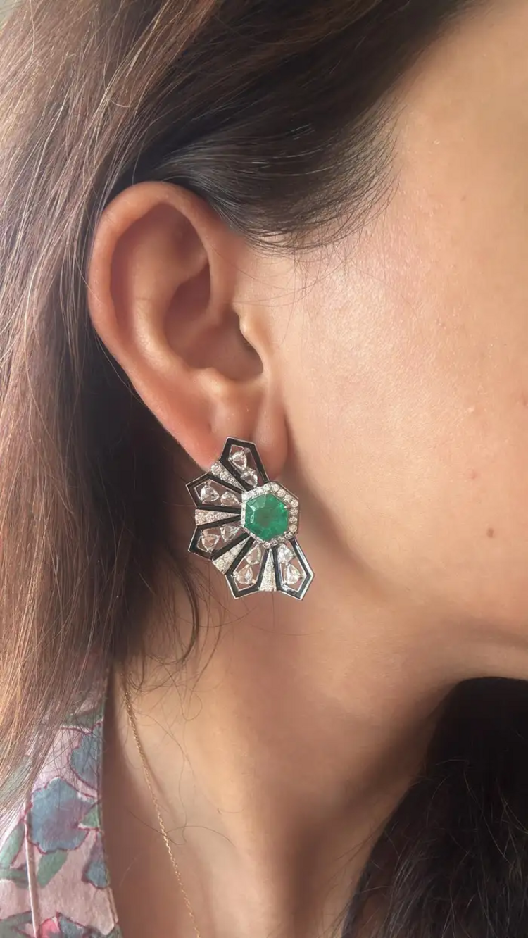 18k White Gold Handmade Stud Earrings - Natural Zambian Emerald & Diamond Women Earrings