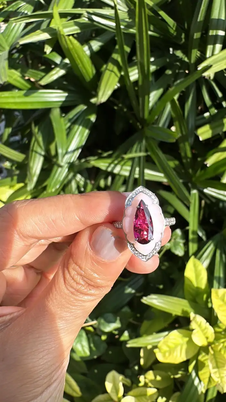 Natural Rubellite & Pink Opal Wedding Ring - 18k White Gold Handmade Diamond Ring
