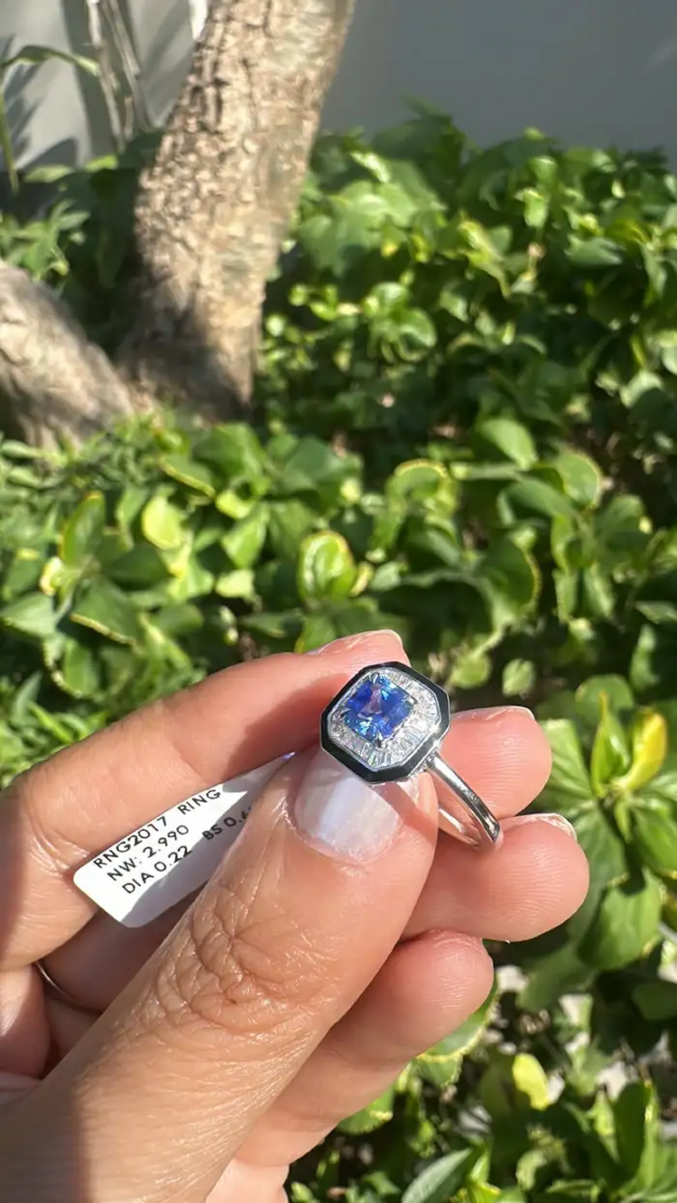 Natural Blue Sapphire & Black Enamel Ring - 18k White Gold Diamond Engagement Ring