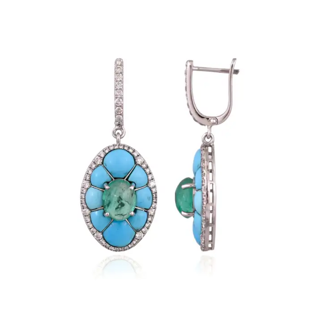 18k White Gold Diamond Dangle Earrings - Natural Emerald & Turquoise Gemstone Earrings