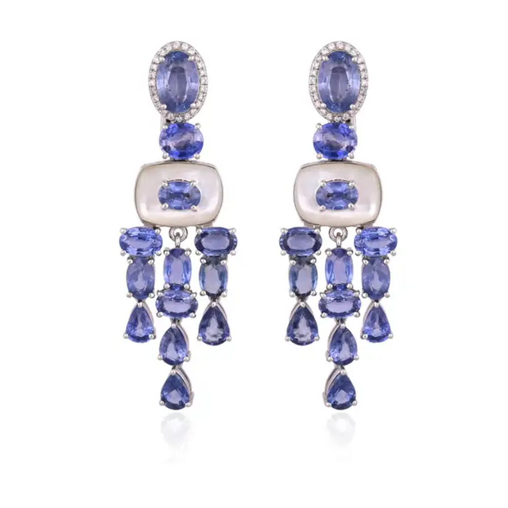 18k White Gold Diamond Handmade Earrings - Natural Blue Sapphire & Mother Of Pearl Chandelier Earrings