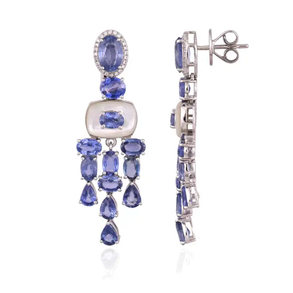 18k White Gold Diamond Handmade Earrings - Natural Blue Sapphire & Mother Of Pearl Chandelier Earrings